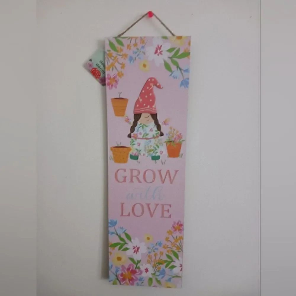 Grow with Love Pink Gnome Floral Door/Wall Sign Spring Ready.